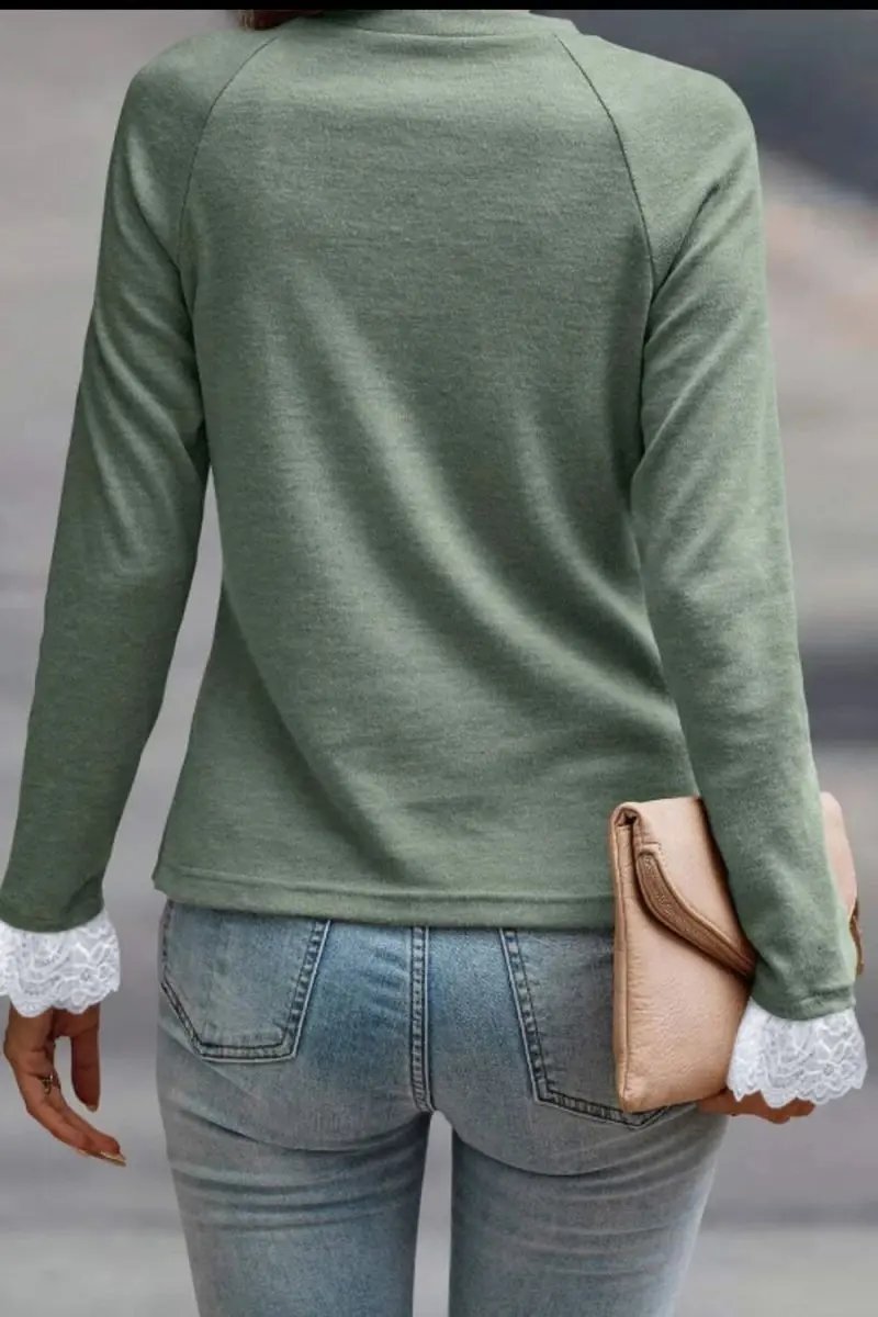 Lace Detail Round Neck Long Sleeve T-Shirt - Love Salve